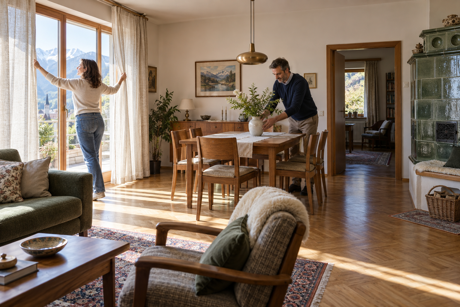 Erwachsene Tochter und Sohn bereiten das vertraute Wohnzimmer ihrer Eltern für einen neuen Abschnitt vor